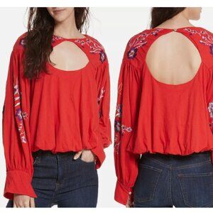 Free People "Lita" Red Embroidered Bubble Hem Blouson Sleeve Top